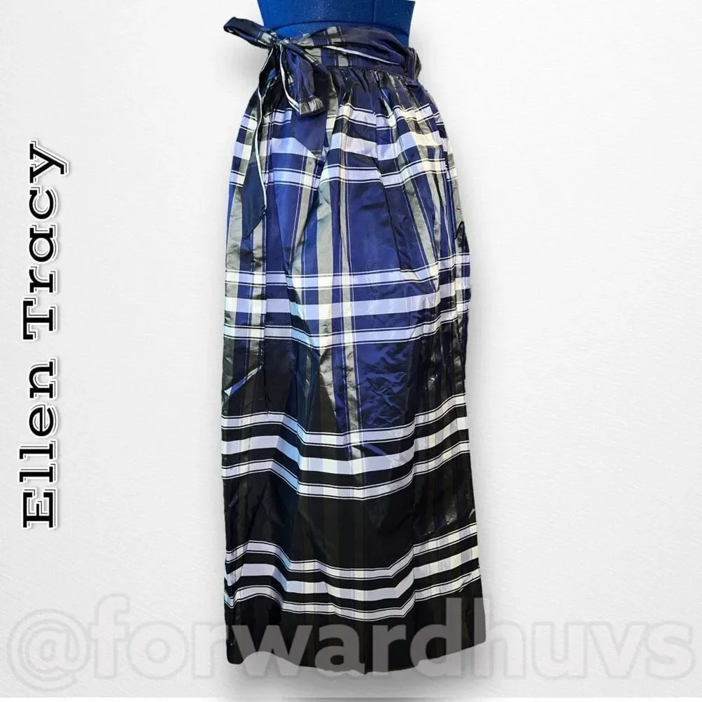 Vintage Ellen Tracy Blue Plaid Silk Taffeta Wrap Skirt Size 13